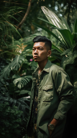Young handsome asian man in green military jacket in the jungle.の素材