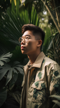 Portrait of a handsome young asian man in beige coat and glasses in the jungle.の素材