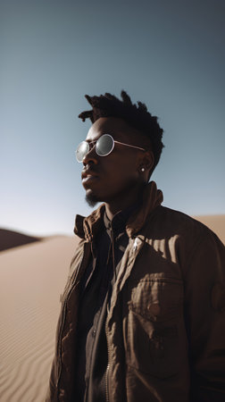 Portrait of handsome african american man in sunglasses in the desertの素材