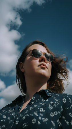 portrait of a young woman in sunglasses on a background of blue skyの素材