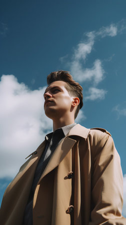 Handsome young man in beige trench coat on blue sky backgroundの素材