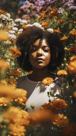 Beautiful african american woman with afro hairstyle posing among flowers.の素材
