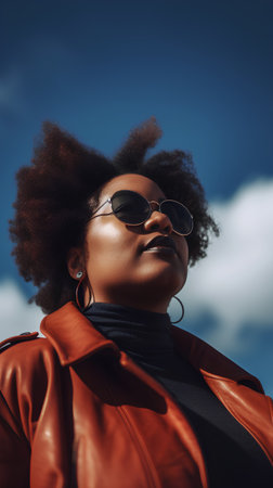 Portrait of a beautiful young african american woman with afro hairstyle wearing red jacket and sunglasses against blue skyの素材