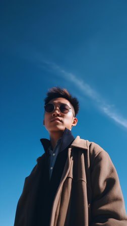 Portrait of a young asian man in coat and sunglasses against blue skyの素材