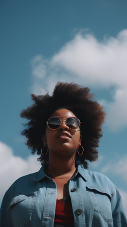 Young african american woman with afro hairstyle wearing jeans jacket and sunglasses.の素材
