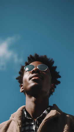 young african american man in sunglasses looking away against blue skyの素材