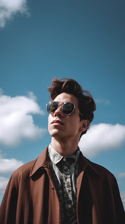 Portrait of a handsome young man in sunglasses on blue sky backgroundの素材