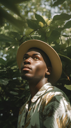 African american man in hat and shirt on green leaves background.の素材