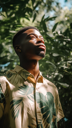 Portrait of young african american man in green shirt outdoors.の素材