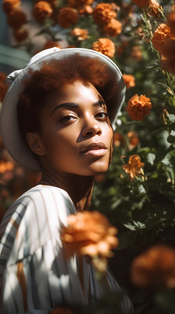 Beautiful african american woman with afro hairstyle wearing hat posing among flowersの素材