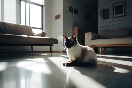 Cute siamese cat sitting on floor in living room at homeの素材