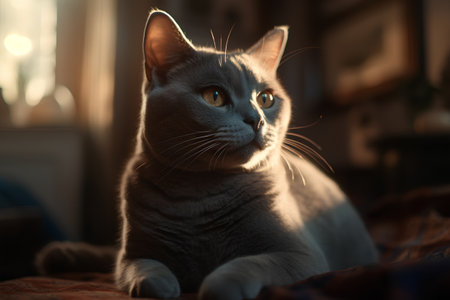 Portrait of a beautiful british shorthair cat on the bedの素材