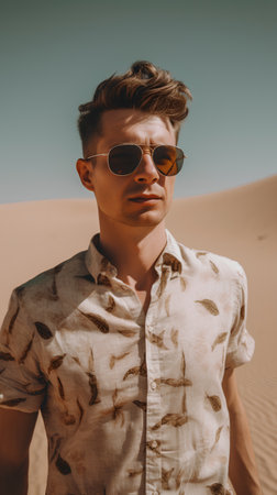 Handsome young man in sunglasses and a shirt in the desertの素材