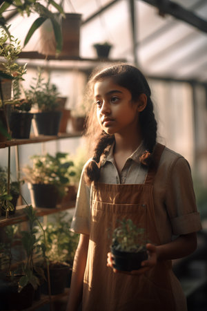 Cute little girl in apron holding potted plant in greenhouseの素材