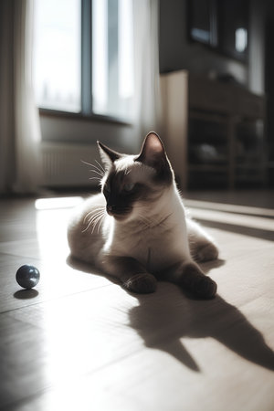 Cat lying on the floor and playing with a ball in the roomの素材