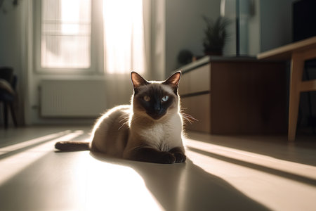 Siamese cat sitting on the floor at home. Selective focus.の素材
