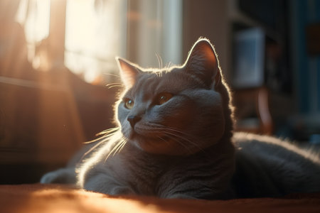 British Shorthair cat lying on a bed in the sunlight.の素材