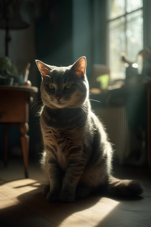 Cat sitting on the floor and looking at the window. Selective focus.の素材