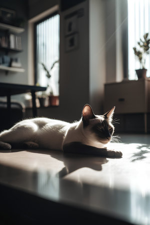 Beautiful Siamese cat lying on the floor at home.の素材