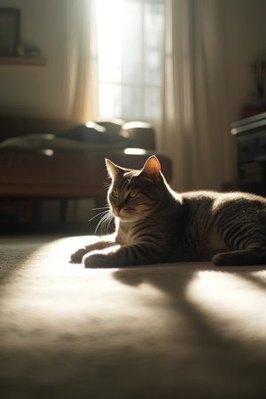 Cute tabby cat lying on the floor at home and looking at cameraの素材