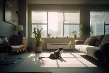 Cute cat lying on carpet in living room and looking at windowの素材