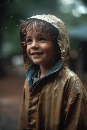 Portrait of a smiling boy in a raincoat and raincoatの素材