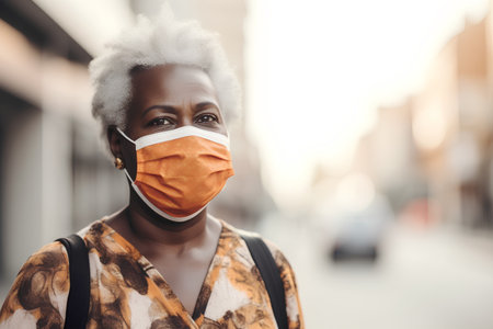 Portrait of young african american woman wearing medical mask outdoorsの素材