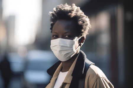 Young african american woman wearing medical mask in the city.の素材
