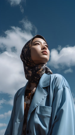 Beautiful asian muslim woman in blue coat and headscarfの素材