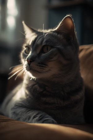 Portrait of a beautiful tabby cat lying on the sofa.の素材