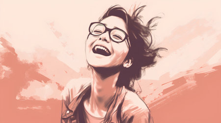 Portrait of a beautiful young woman with glasses and hair in the wind.の素材