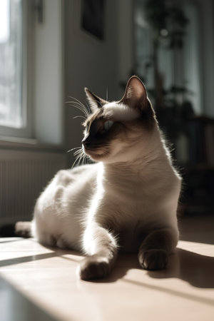 Siamese cat sitting on the floor at home. Selective focus.の素材
