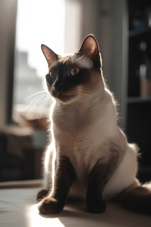Beautiful Siamese cat sitting on the windowsill at homeの素材