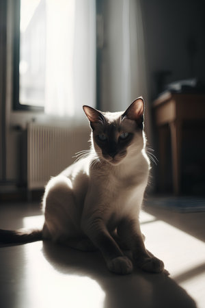 Siamese cat sitting on the floor at home, looking at cameraの素材