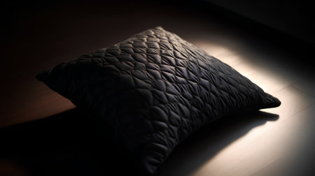 Black leather pillow on a wooden floor in the dark. Selective focus.の素材
