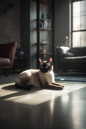 Siamese cat lying on the floor in the living room.の素材