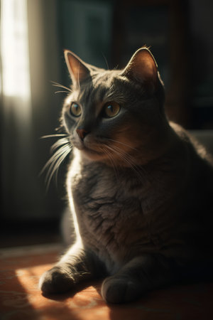 Portrait of a beautiful gray cat on a window sill. Shallow depth of field.の素材