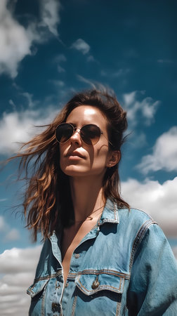 Portrait of a beautiful young woman in jeans jacket and sunglasses on cloudy sky backgroundの素材