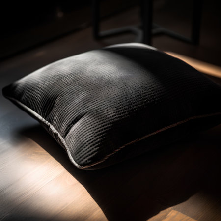 Black pillow on a wooden table in a dark room. Selective focus.の素材