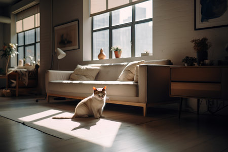 Cat sitting on a sofa in the living room. Home interior.の素材