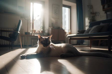 Beautiful cat lying on the floor in the living room at sunsetの素材