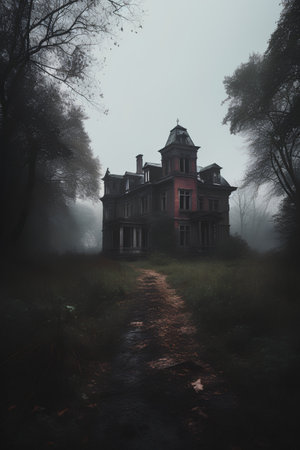 Old abandoned house in a mysterious foggy forest. 3d renderingの素材