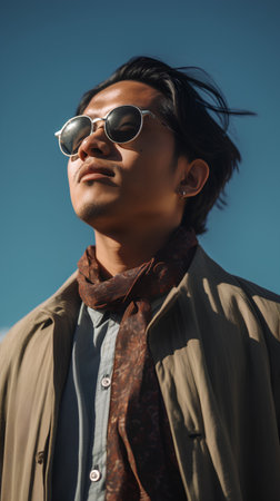 Handsome asian man in coat and sunglasses on blue sky backgroundの素材