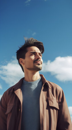 Handsome young man with stylish haircut and beard on blue sky backgroundの素材