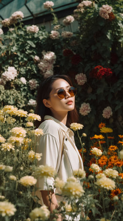 Beautiful asian woman in sunglasses standing among flowers in the gardenの素材