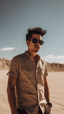 Portrait of a handsome young man with sunglasses in the desert.の素材