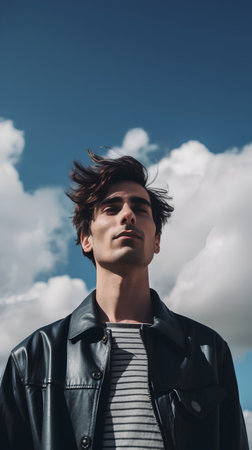Handsome young man in black leather jacket on cloudy sky backgroundの素材