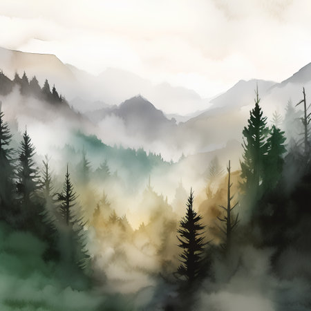 Digital painting of a misty valley with coniferous forest.の素材