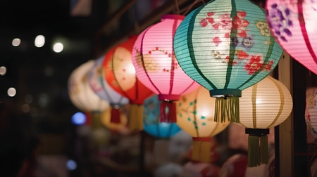 Colorful paper lanterns in the night market of Seoul, South Koreaの素材