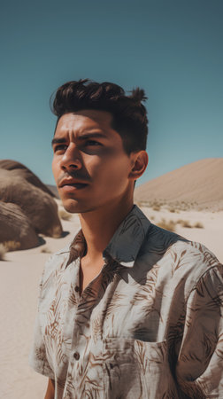 Portrait of a young Asian man in the middle of the desertの素材